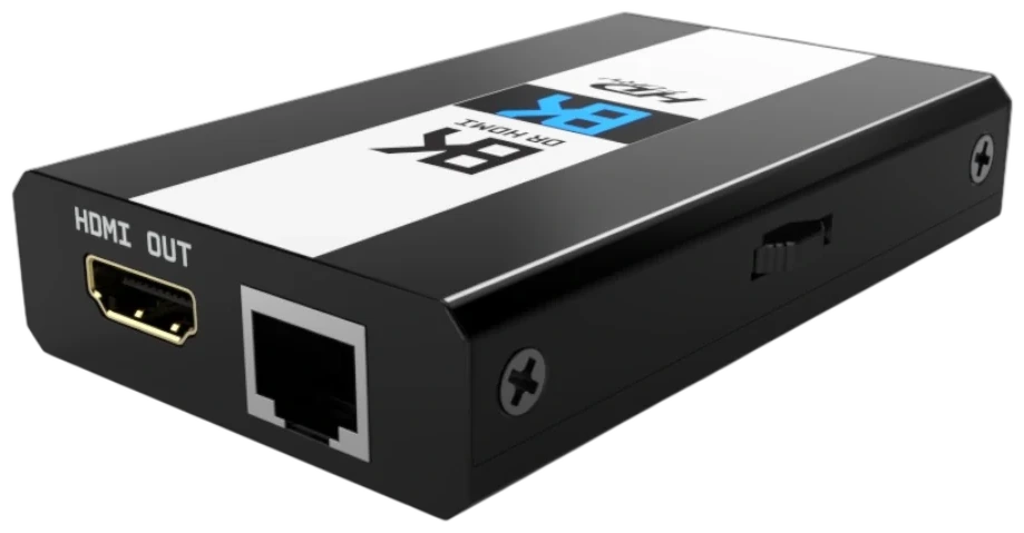 HDfury DR HDMI 8K EDID manager photographed at an angle, showing the black aluminium housing, the HDMI 2.1 output and the RJ45 Ethernet port used for the built-in web server