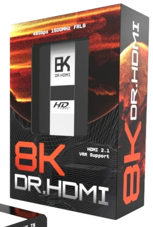 DR HDMI 8K retail box in black and solar orange, printed with the 48Gbps HDMI 2.1 EDID manager branding