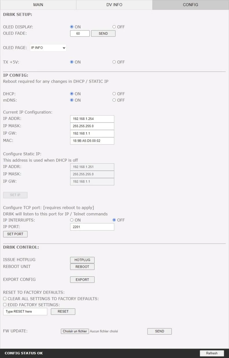CONFIG page of the DR HDMI 8K web server, with HTPC mode, OLED display options, IP configuration and the factory reset controls