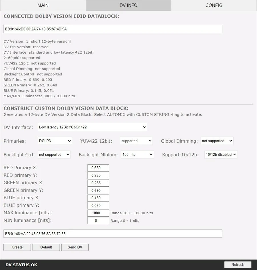 Dolby Vision page of the DR HDMI 8K web server, showing the DV data block read from the connected display and the custom data block builder
