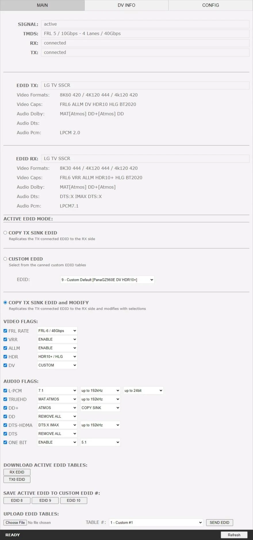 MAIN page of the DR HDMI 8K web server, showing live signal status, the TX and RX EDID details, EDID mode selection and the video and audio flags